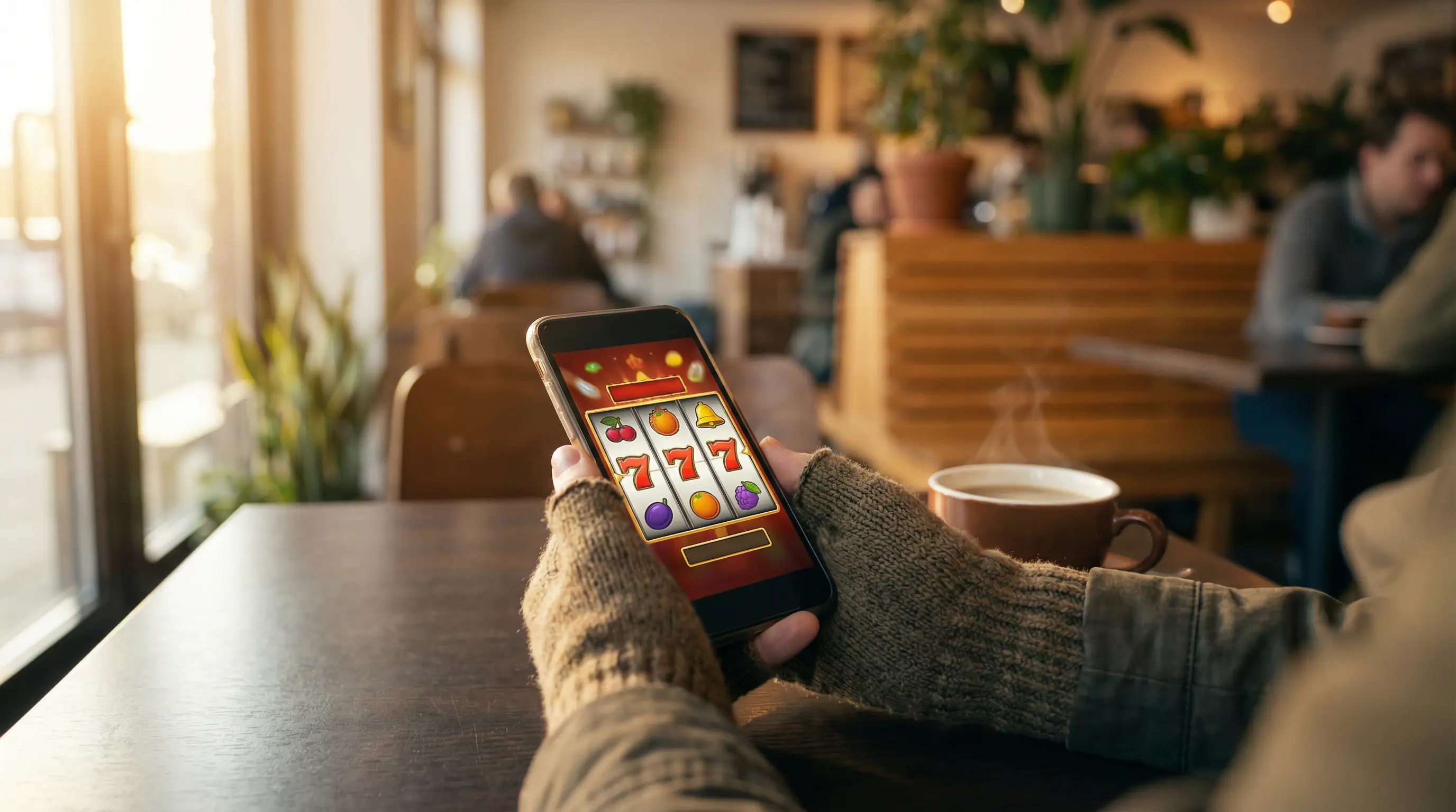 Person playing a casino slot game on a smartphone while sitting in a cafe
