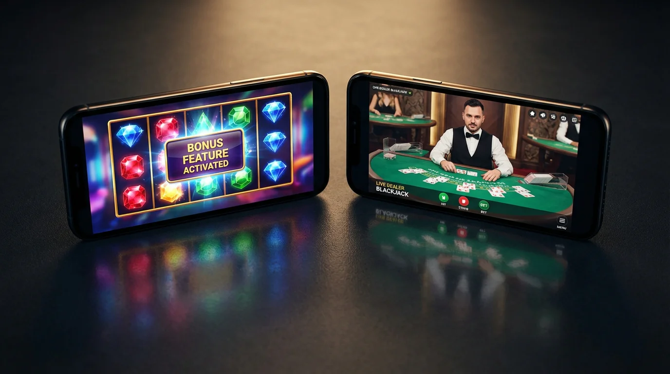 Split-screen view of a mobile phone showing a colourful slot game and a live dealer blackjack table